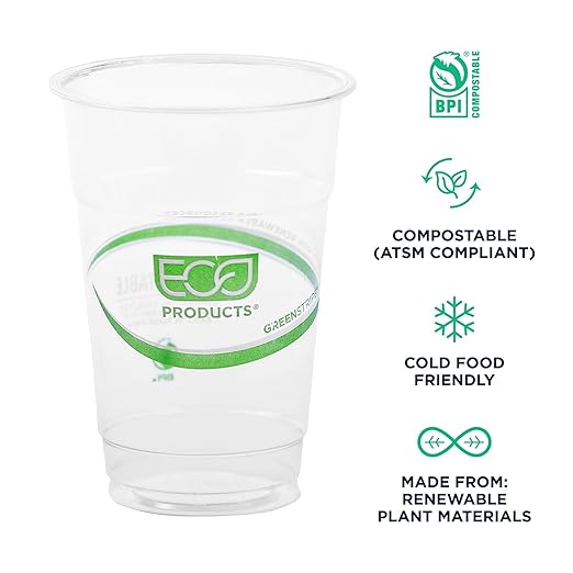 ECO PRODUCTS GreenStripe Clear Compostable 10oz PLA Plastic Cups, Case of 1000, Disposable Renewable Plant-Based Cold Cups, For Cold Drinks & Snacks, BPI Certified, ASTM Compliant.