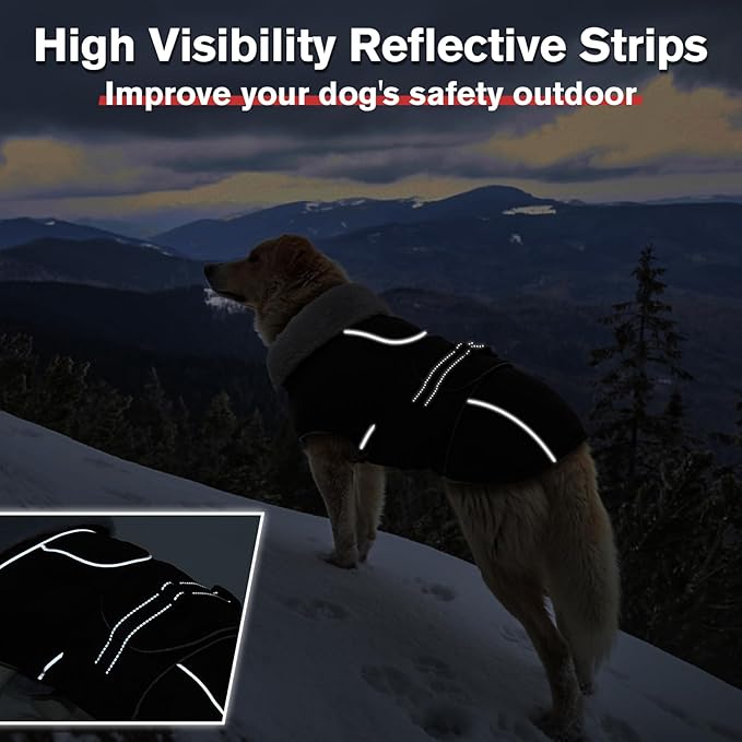 Lelepet Warm Dog Coats for Large Dogs Waterproof Dog Jacket Reflective Pet Fleece Vest Windproof Cold Weather Coats with Adjustable Buckle & Leash Hole, Black, XXXL