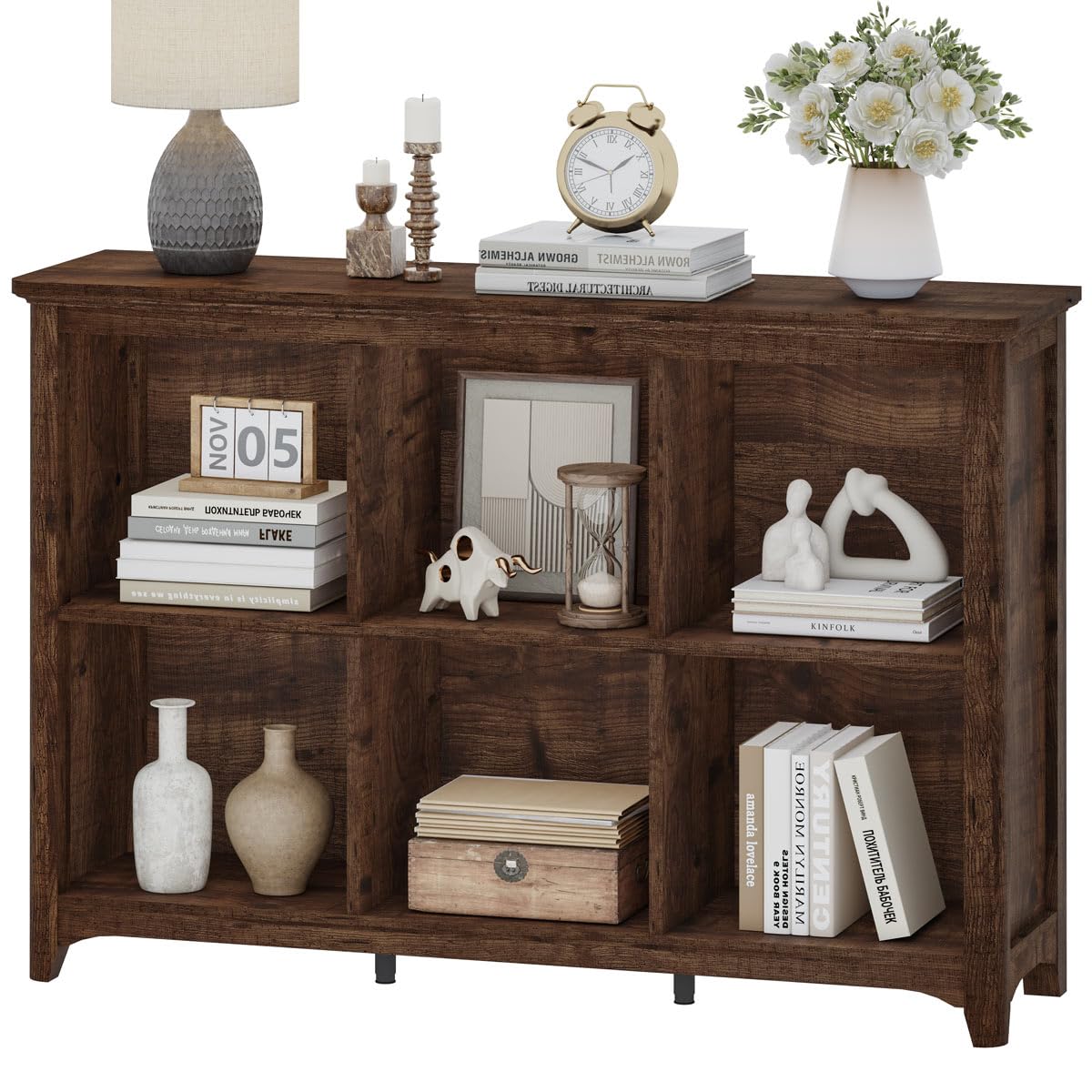 BON AUGURE 6 Cube Storage Bookcase, Horizontal Wooden Bookshelf with Curved Edge, 3 Tier Cubby Organizer Book Shelf for Living Room, Bedroom, Home Office (Rustic Oak, 43 Inch)