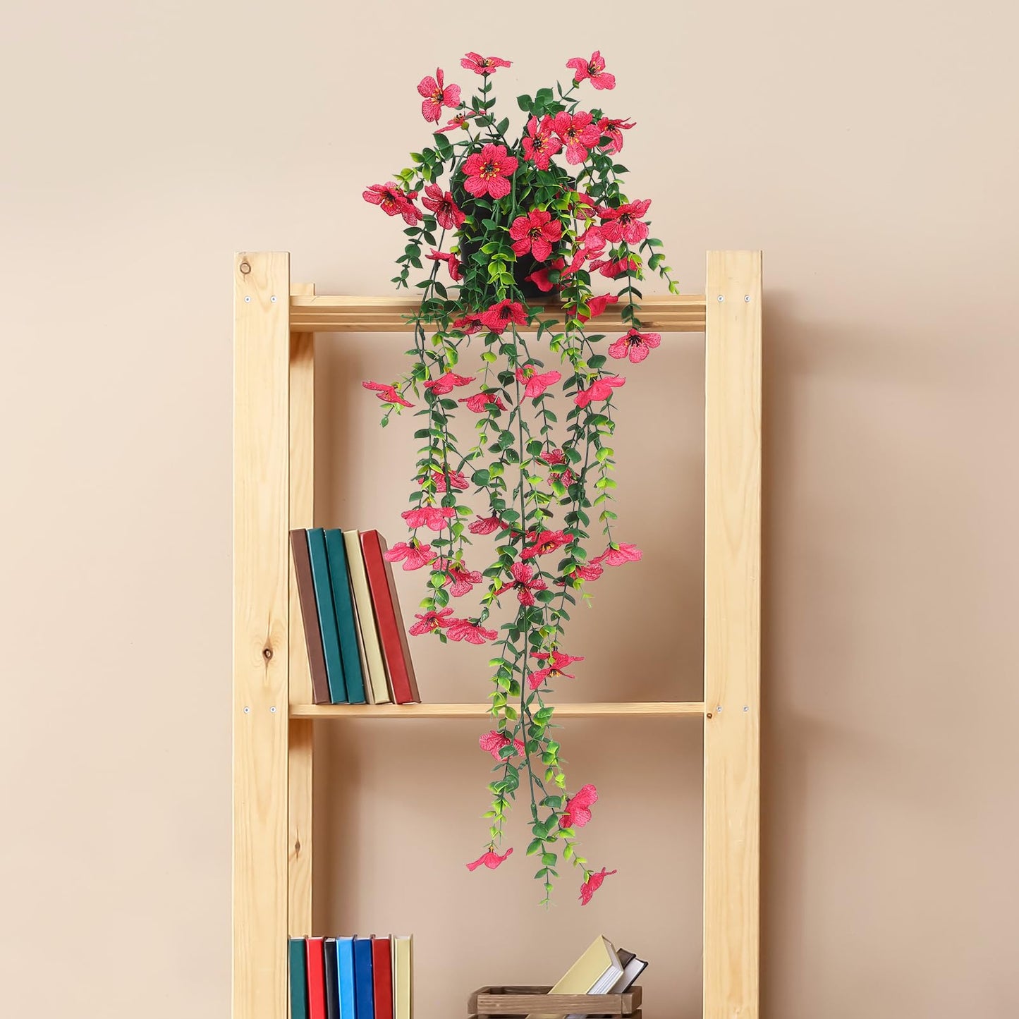FAVOWREATH Fake Plants Hanging Artificial Potted Faux Eucalyptus Plants and Flowers for Modern Boho Farmhouse Bathroom Office Desk Wall Book Shelf Living Room Aesthetic Decor Indoor (Rose Red)