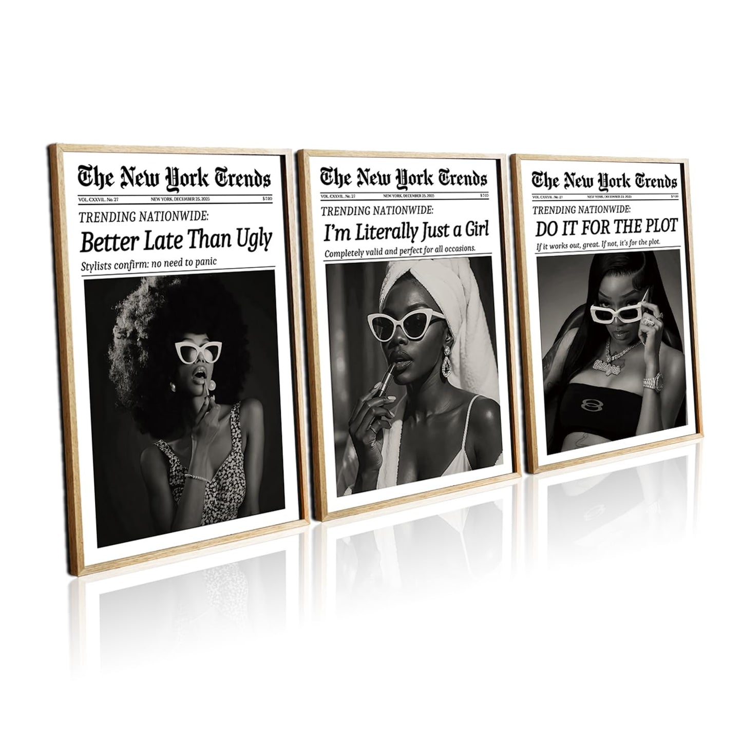 Fashion Wall Art Canvas Print Set of 3 Framed Poster Picture Modern Artwork Wall Decor Black and White Woman Canvas Artwork Poster Wall Art 12x16 Inch for Bedroom Living Room