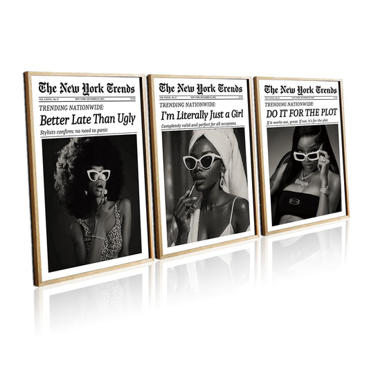 Fashion Wall Art Canvas Print Set of 3 Framed Poster Picture Modern Artwork Wall Decor Black and White Woman Canvas Artwork Poster Wall Art 12x16 Inch for Bedroom Living Room