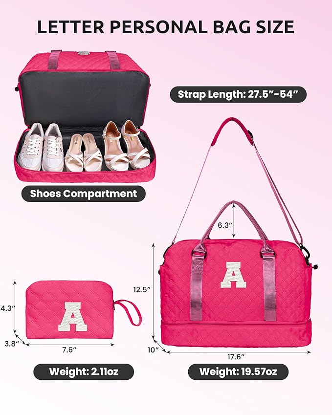 Vogewood Personalized Women's Initial Travel Bag with Shoe Compartment, Hot Pink, K