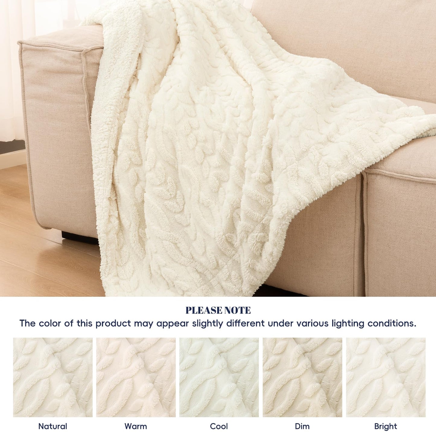 PHF Fluffy Sherpa Blanket Queen Size for Winter, Warm and Soft, 510GSM 3D Jacquard Thick Shaggy Fleece Plush Blanket for Sofa Bed, Cream, 90"x90"