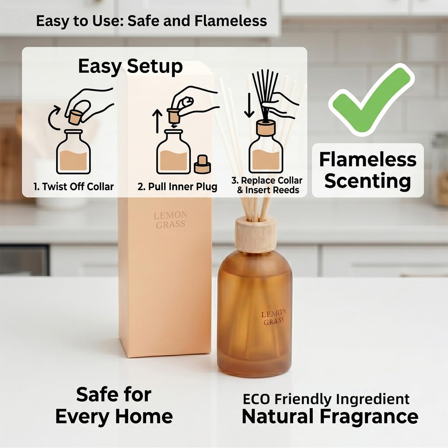 Fragrantseason Reed Diffuser Set 6.7 oz Scented Oil Diffuser with 6 Fiber Sticks, Long Lasting Home Fragrance for Bathroom Shelf Decor, Living Room, Office Aromatherapy Gift 01 (Lemon Grass)