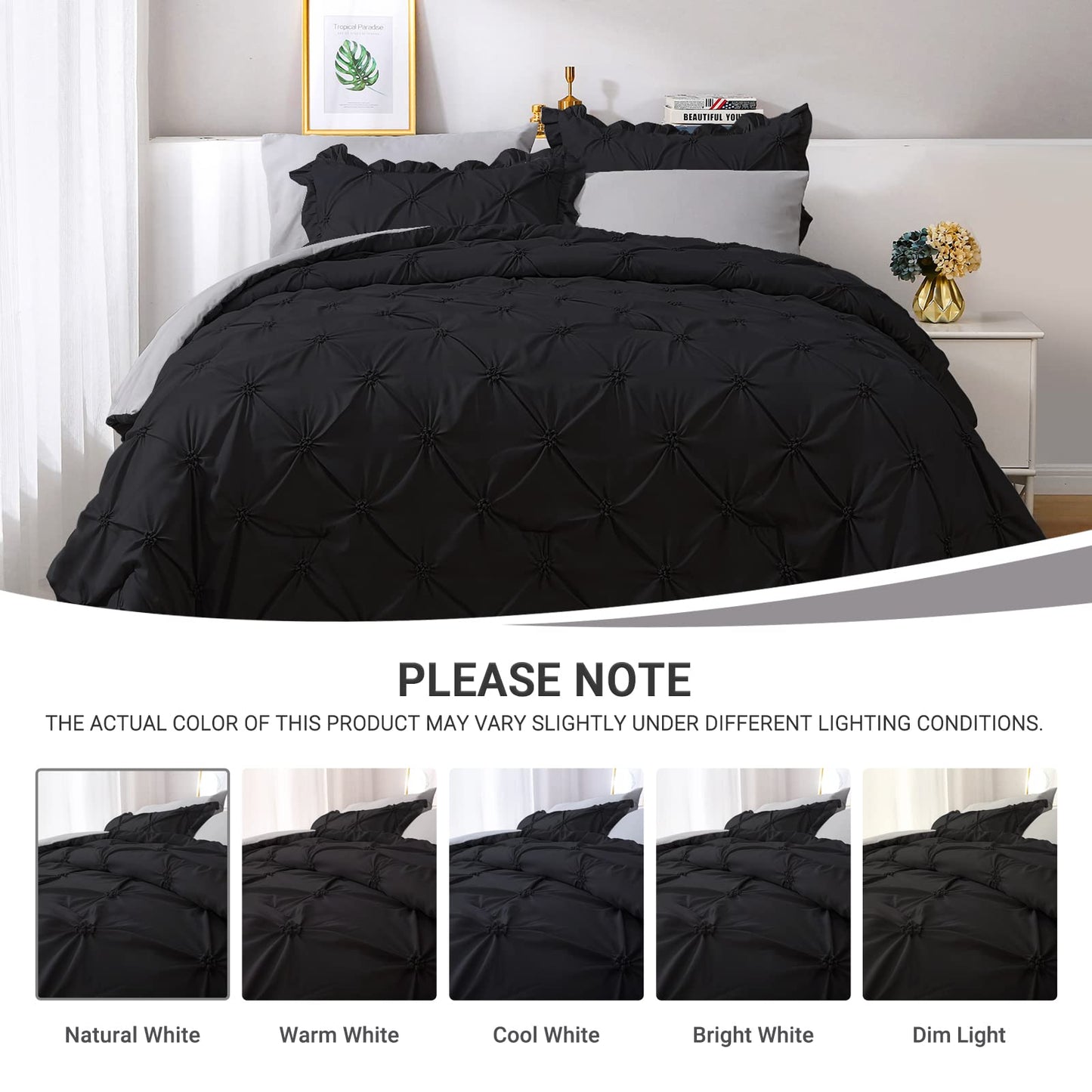 JOLLYVOGUE Queen Comforter Set 7 Pieces, Black/Gray Bedding Comforter Sets with Comforter, Sheets,Ruffled Shams & Pillowcases