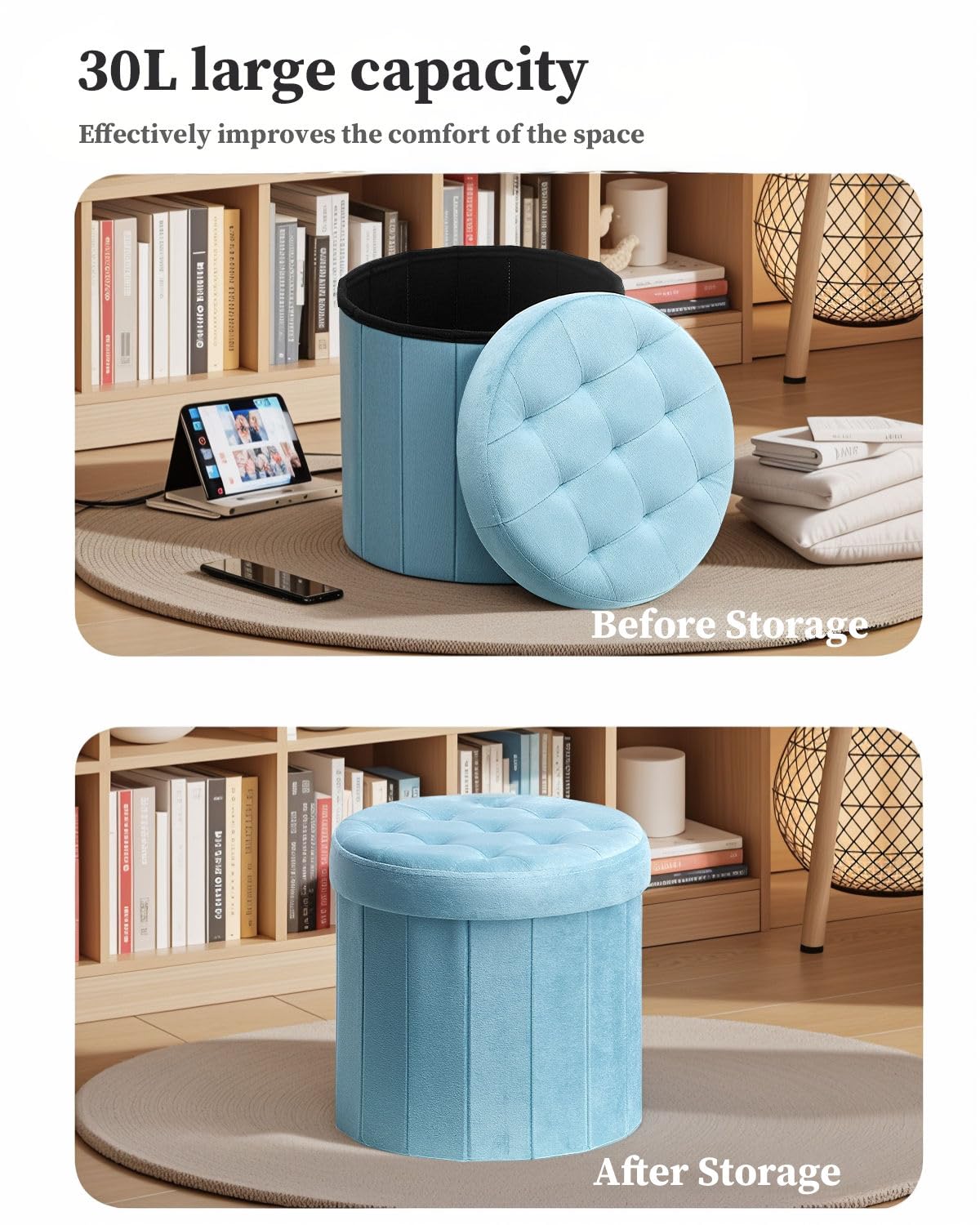 Bsketa® Folding Storage Ottoman Round 14" x 14" x 13"Inch Foot Stool with Thicker Foam Padded Seat Small Velvet Storage Ottoman Bench Foot Rest for Living Room Foldable Coffee Table(Teal)