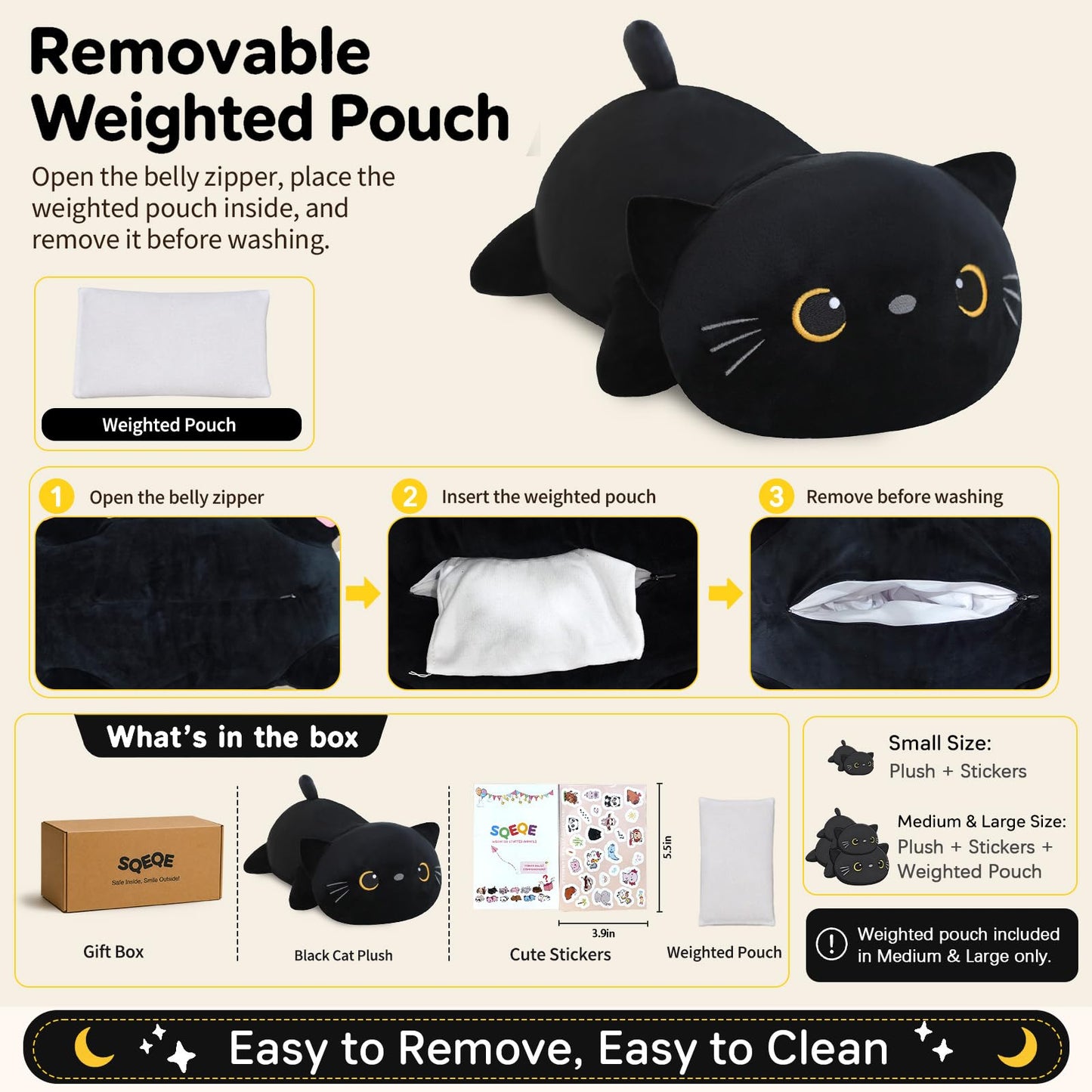 SQEQE Weighted Black Cat Plush, Weighted Black Cat Stuffed Animal, Cute Plushies Soft Pillow Toy Gift for Kids Adults 9.8 Inch, 0.8 Lbs