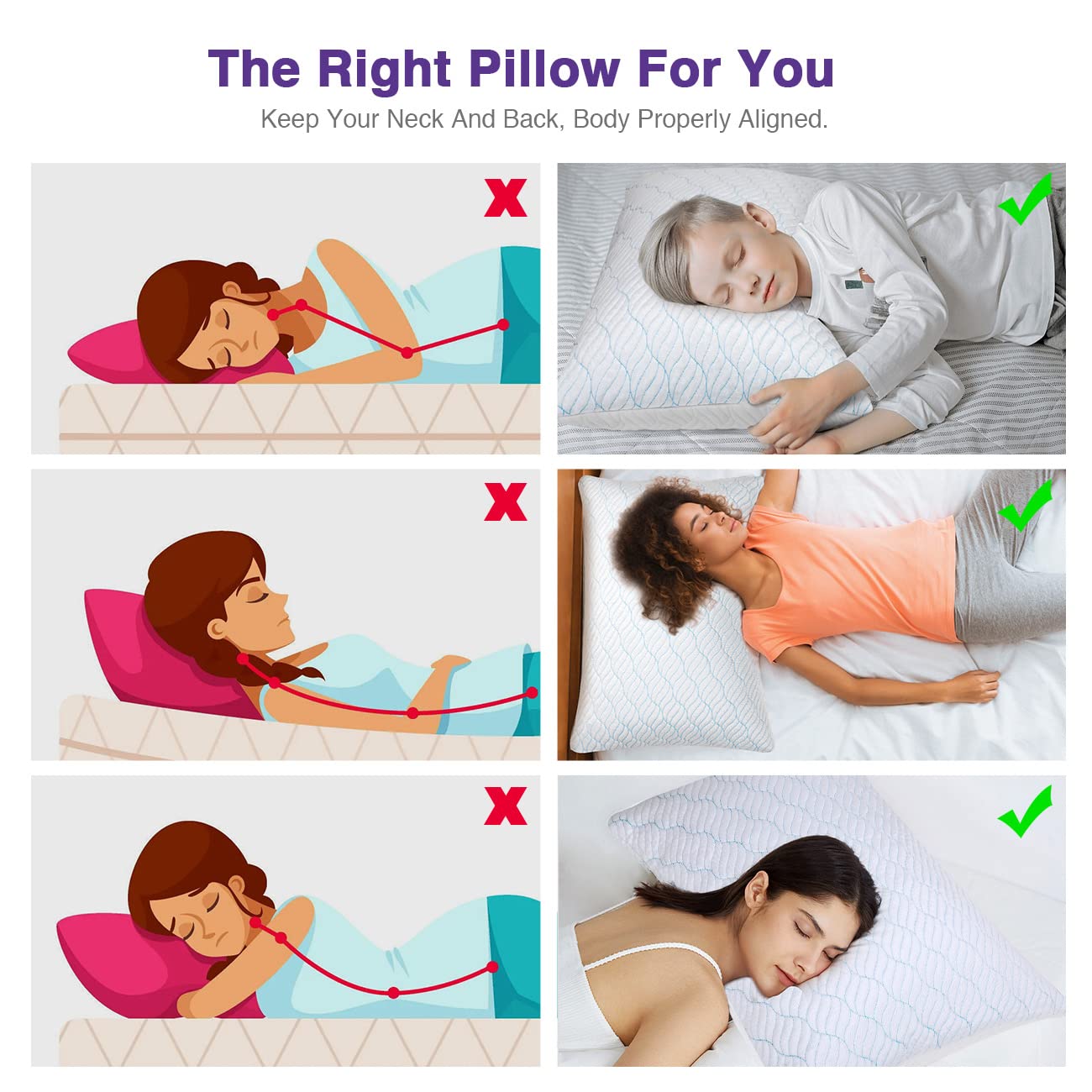 WISHSMILE Queen Size Shredded Memory Foam Pillows, Cooling Pillow Set of 2, Adjustable Height Firm Support, Double-Sided Ice Silk & Polyester Cover, Washable Bed Pillows for Adults, 20×30 Inch