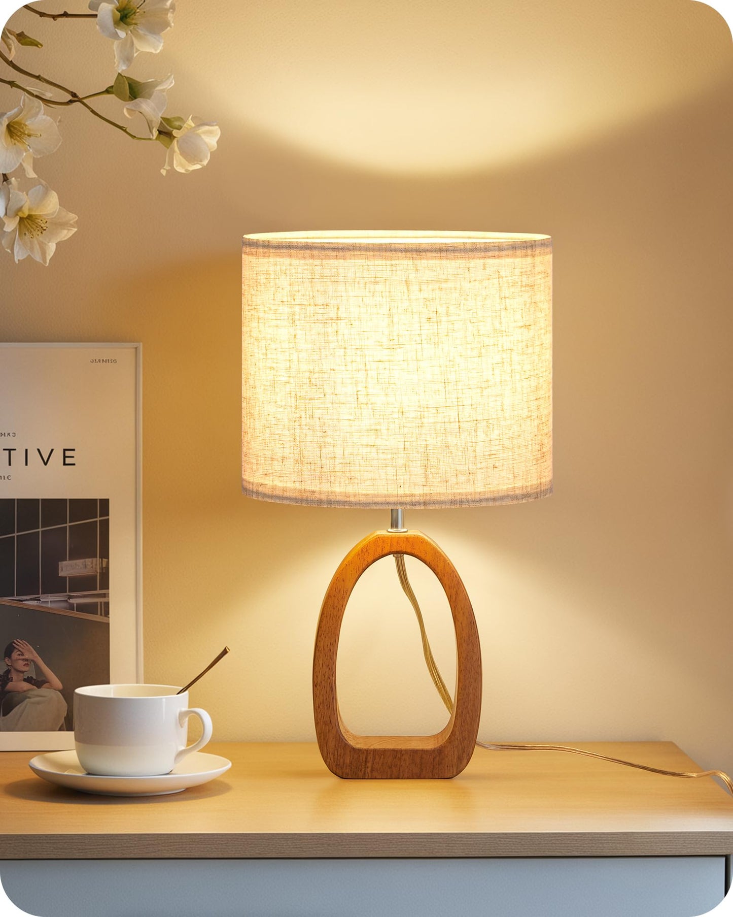 GOEBLESON Small Table Lamp, 14.2" Cute Little Desk Lamp, Wood Bedside Lamp with Linen Lampshade, Modern Nightstand Lamp for Bedroom, E26 Base, Bulb Not Included, Beige and Dark Natural LE07TL05