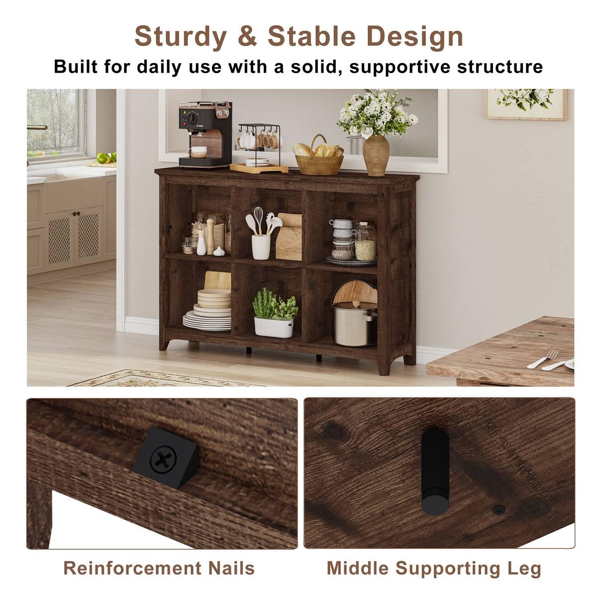 BON AUGURE 6 Cube Storage Bookcase, Horizontal Wooden Bookshelf with Curved Edge, 3 Tier Cubby Organizer Book Shelf for Living Room, Bedroom, Home Office (Rustic Oak, 43 Inch)