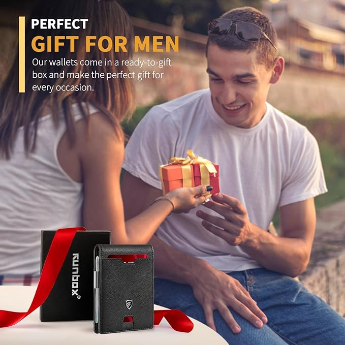 RUNBOX Mens Slim Wallet with Money Clip RFID Blocking Bifold Credit Card Holder for Men with Gift Box