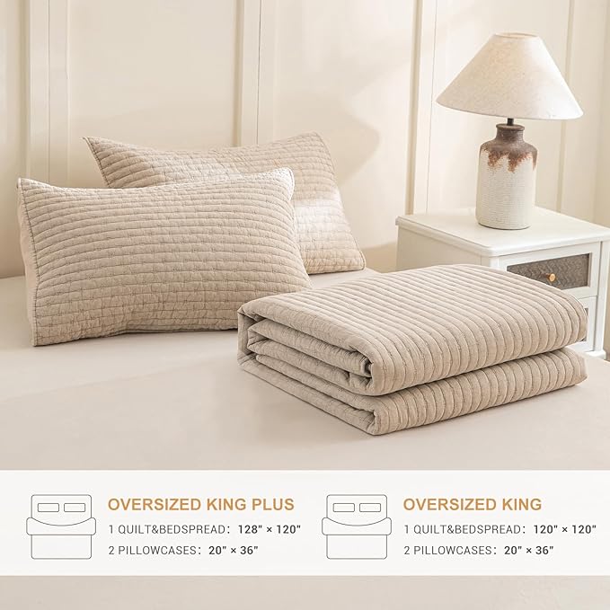 Sanracie Oversized King Bedspread (128"x120"), 100% Cotton Cross Stitch Pattern California King Coverlet Quilt Set 3Pcs Warm Taupe Colored Lightweight Extra Large King Bed Quilt for All Season