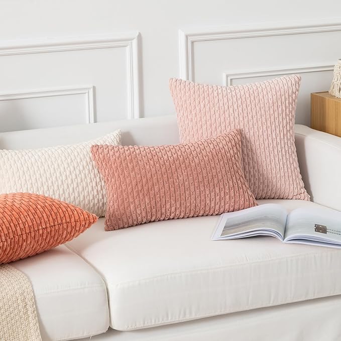 Kevin Textile Throw Pillow Covers Soft Corduroy Decorative Set of 2 Valentines Day Boho Striped Pillow Covers Pillowcases Farmhouse Home Decor for Couch Bed Sofa Living Room 12x20 Inch Baby Pink