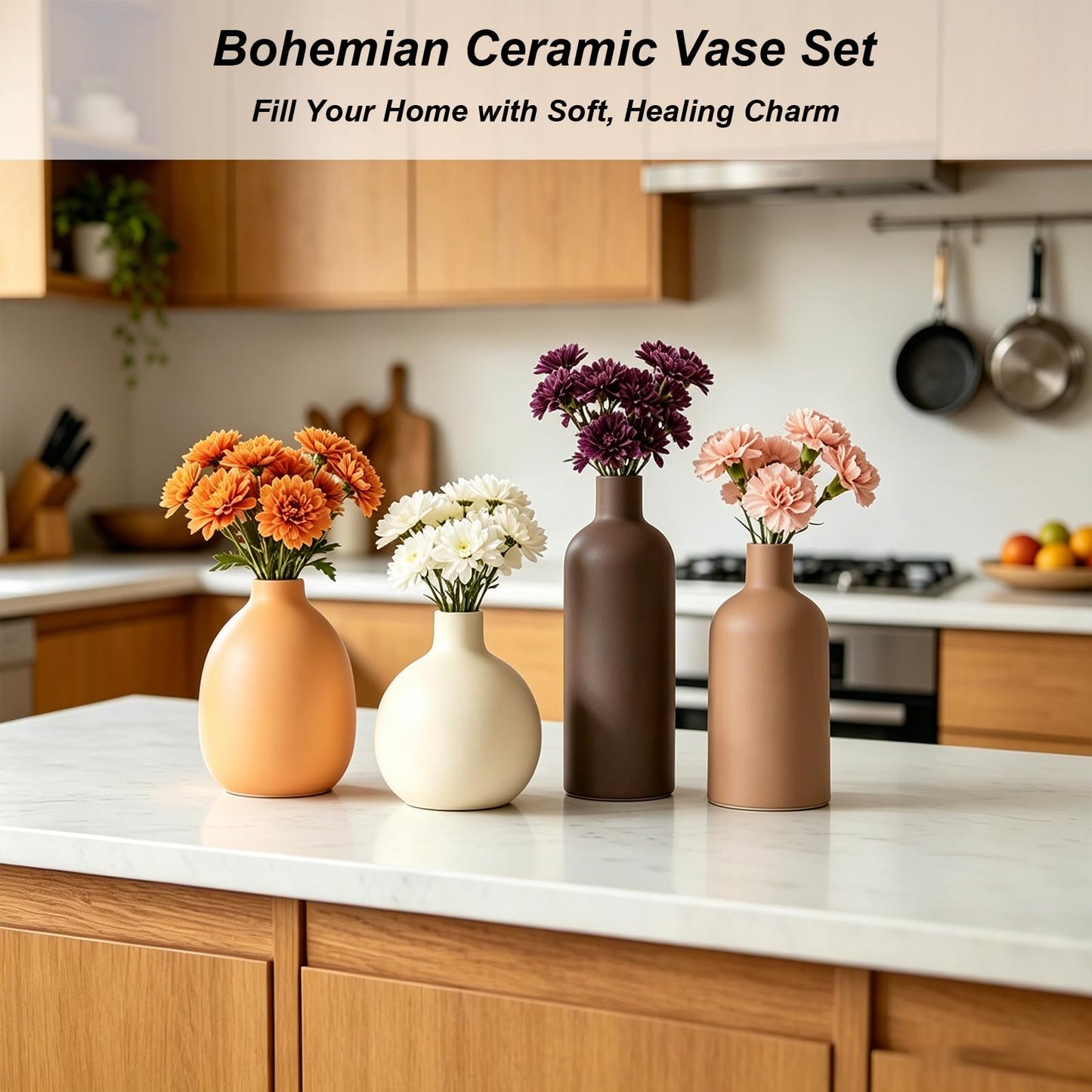 Upgraded Ceramic Vases Set for Home Decor, 4 Piece Modern Neutral Room Decor Desk Vase Bedroom Decor Flower Vase for Table Shelf Office Kitchen, Happy Birthday Gifts for Women Mom Men (Oval-4pcs)