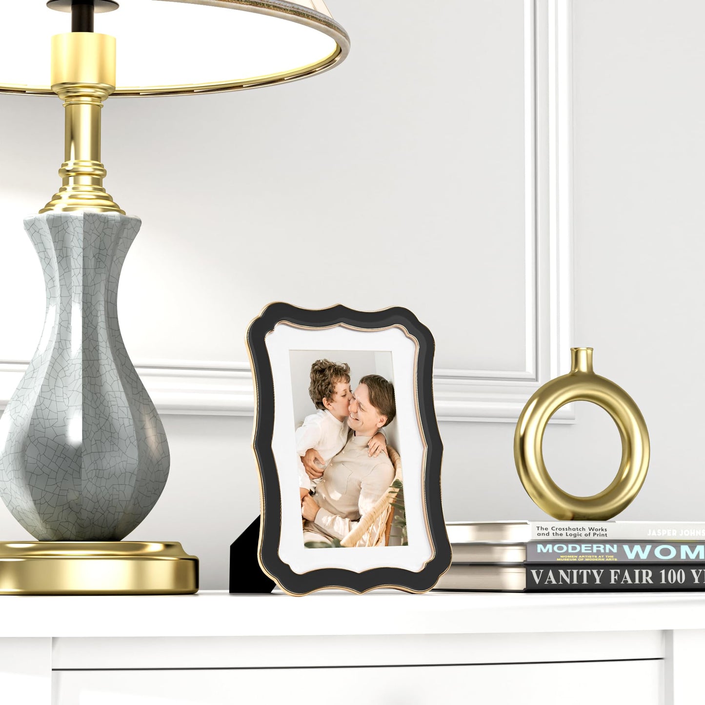 4x6 Enamel Picture Frame with HD-Tempered Glass, Display 3x5 Photo with Mat, Ornate Photo Frame with Gold Metal Edge & Velvet Back for Tabletop & Wall Mount Vertically or Horizontally Display, Black