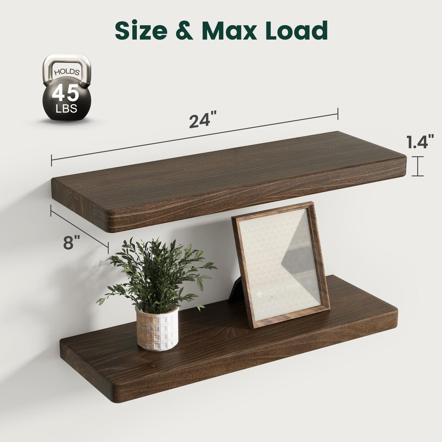 KovaScape 24 Inch Flat Edge Floating Shelves, 8 Inch Deep Solid Elm Wood Wall Shelf, Heavy-Duty Wall Mounted Shelf with Invisible Brackets for Living Room, Bathroom, Kitchen, Set of 2, Walnut Color