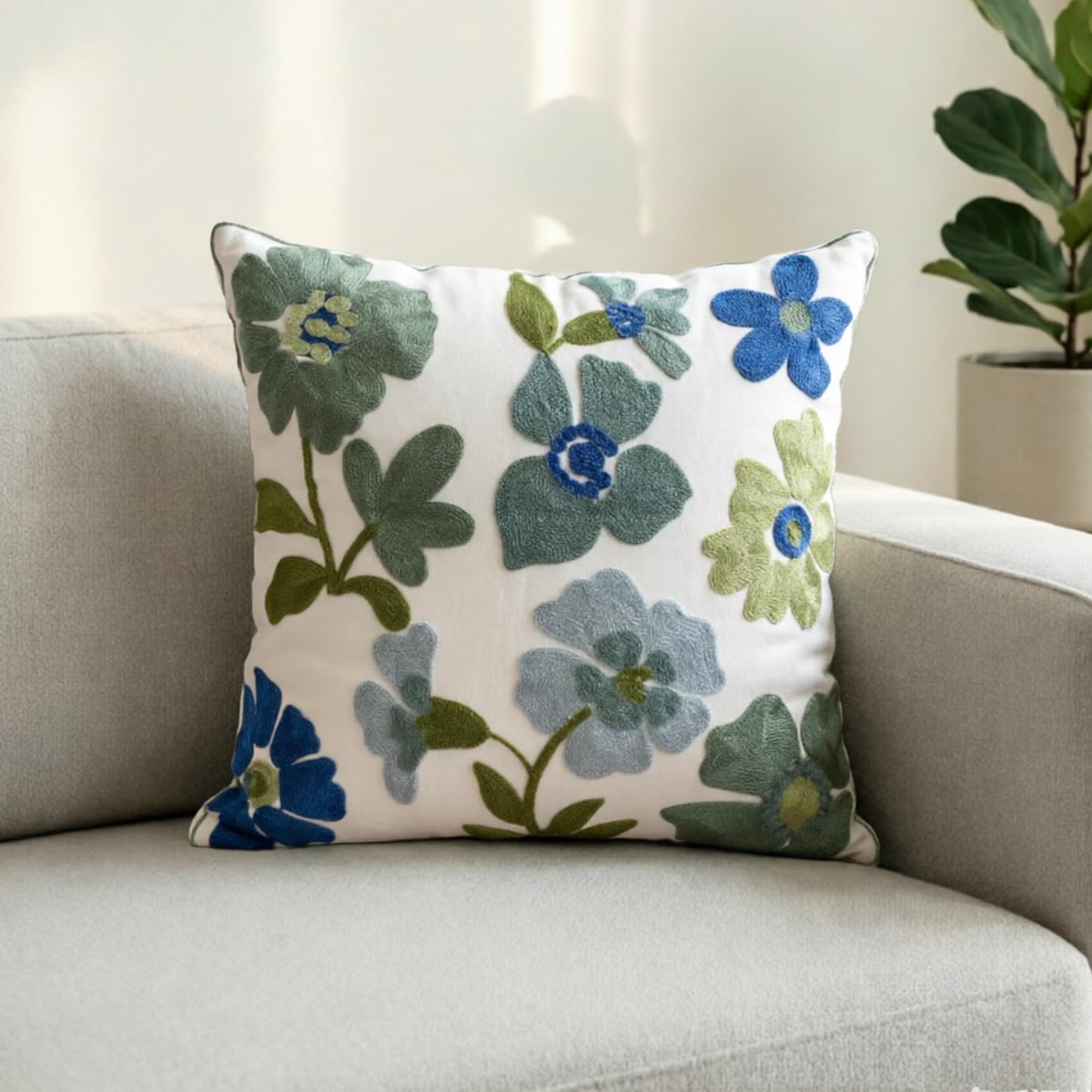 Loezexir Embroidered Throw Pillow Cover 18"x18" Set of 2,Western Boho Blue Spring Floral Decorative Pillowcase Farmhouse Aesthetic Cushion Cover Pillow Case for Outdoor Couch Sofa