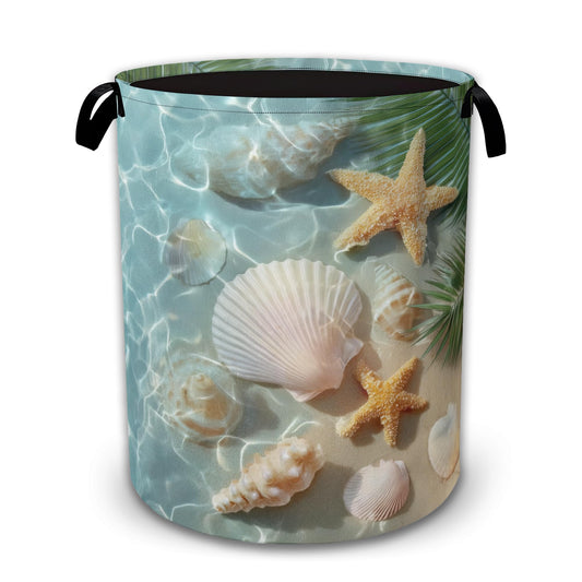Sea Beach Laundry Basket,Starfish Shells Collapsible Laundry Baskets with Handles,Waterproof Oxford Cloth Hamper,Storage Organizer for Bathroom Bedroom Dorm