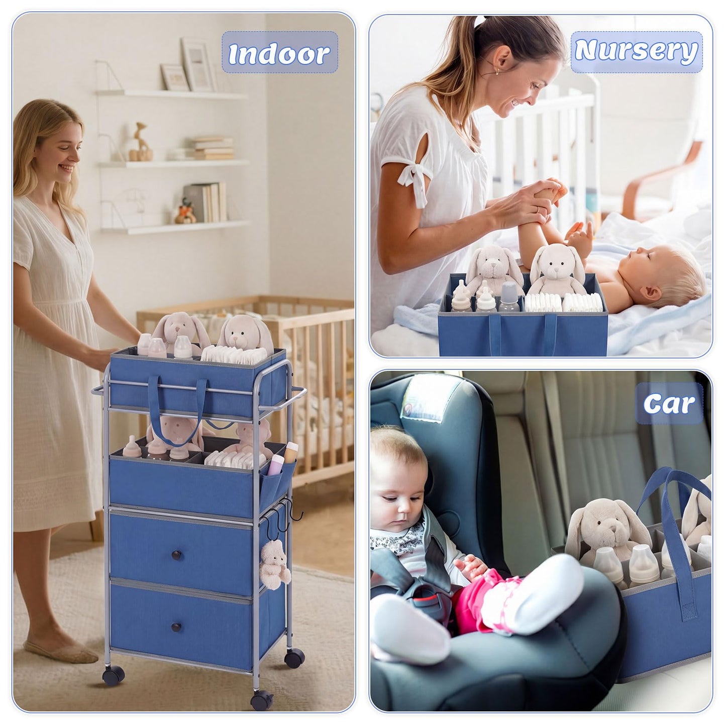 FoldTier 3In1 Baby Diaper Caddy Organizer Cart 4 Tier Large Capacity Metal Utility Bedside Rolling Cart with Divider Newborn Registry Nursery Essential Must Have Bedroom Gift Baby Shower (Blue)
