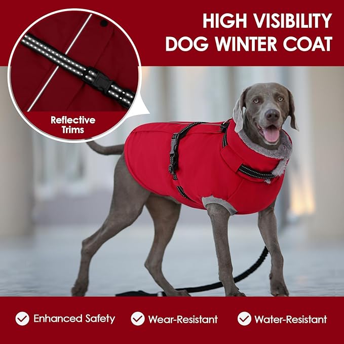 AOFITEE Dog Coat, Warm Dog Winter Jacket with Harness Built in, Waterproof Pet Snow Coat with Zipper on Back, Fleece Pet Sweater Puffer Jacket Snowsuit for Extra Large Dogs, Christmas Red XXXL