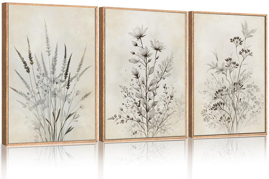 BICERE Large Neutral Flower Botanical Framed Canvas Wall Art,Boho Wildflowers Ink Wall Decor,Vintage Bouquet Wall Painting,Nature Artwork for Living Room,Bedroom,Dining Room,Office -24"x36"x3