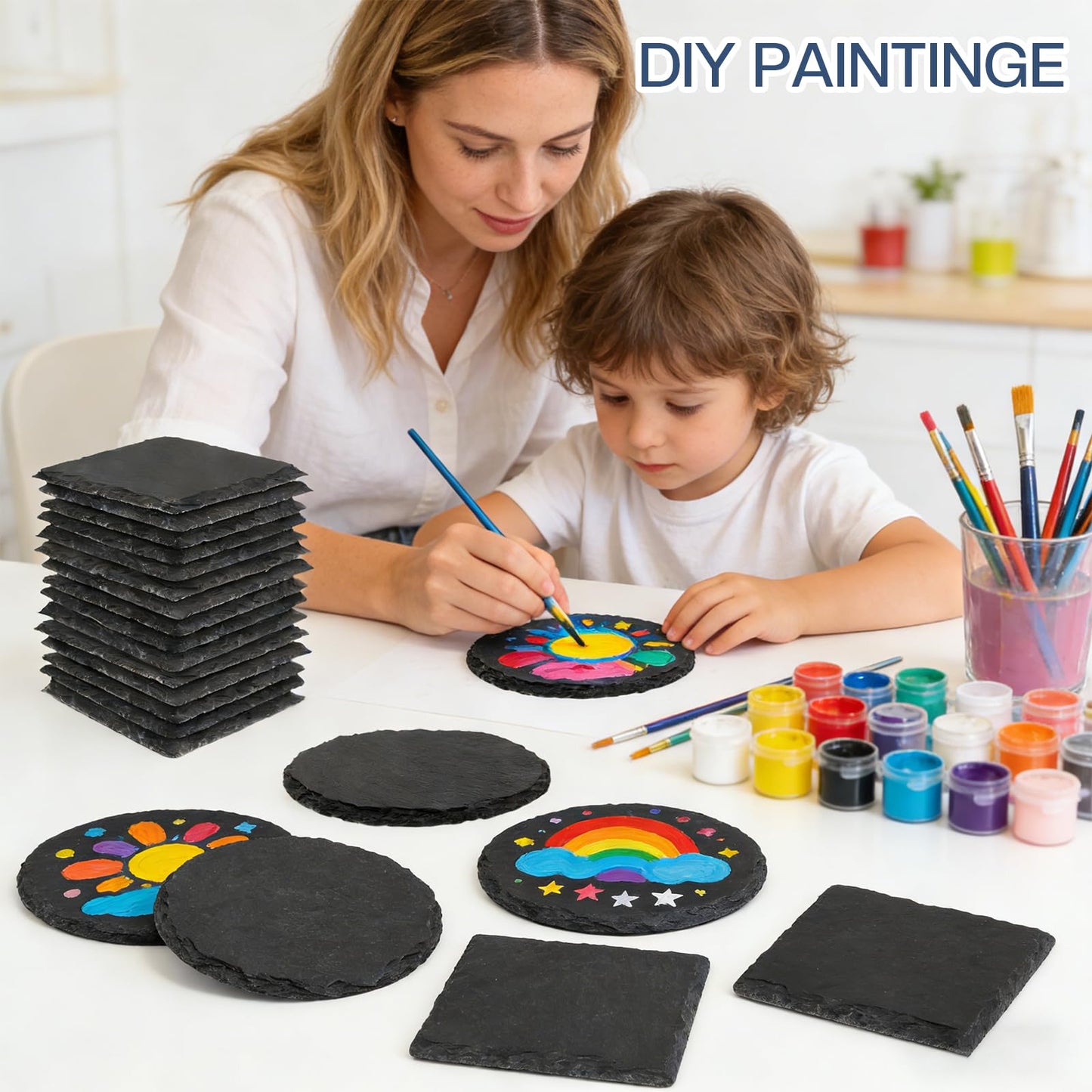 24 Pieces Slate Coasters, Diameter Size 4 inch Black Coasters Stone Coaster Set, Perfect for use in Your Home, Office, Kitchen,bar,Christmas or Anywhere.（12 Square Pieces+12 Round Pieces）