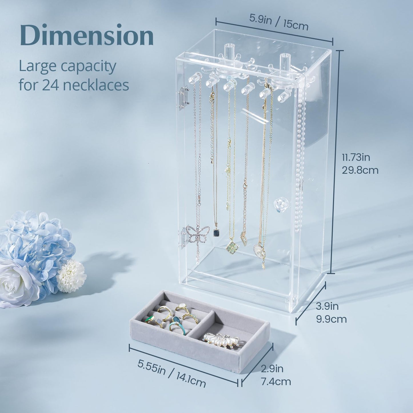 Lolalet Necklace Holder Organizer, Acrylic Jewelry Organizer with 24 Hooks, Rotating Clear Necklaces Display Box, Dust-proof Jewelry Storage Case with Velvet Tray -Clear