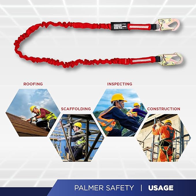 Palmer Safety L121133 6 FT Single Leg Safety Lanyard Internal Shock Absorber w/Dual Snap Hooks I OSHA/ANSI Compliant Restraint Lanyards I Ideal Use for Arborist, Roofer & Construction Workers