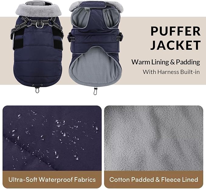 Queenmore XXXL Dog Coats for Extra Large Dogs Winter with Harness Built-in, Warm Waterproof Jacket Large, Cold Weather Outdoor Puffer Coat - Fleece Lining Hook & Loop Closure Reflective Easy On, Navy