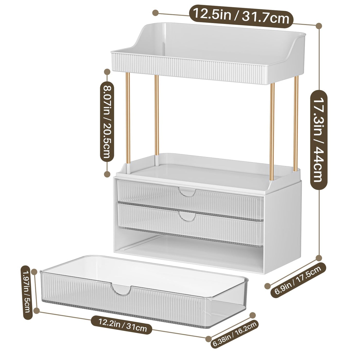 caktraie 12.2" W Makeup Organizer Drawers - 5 Tiers Bathroom Counter Organizer, Cosmetic Storage Drawer for Dresser Countertop and Bathroom Vanity for Large Skincare, Perfume, Clear