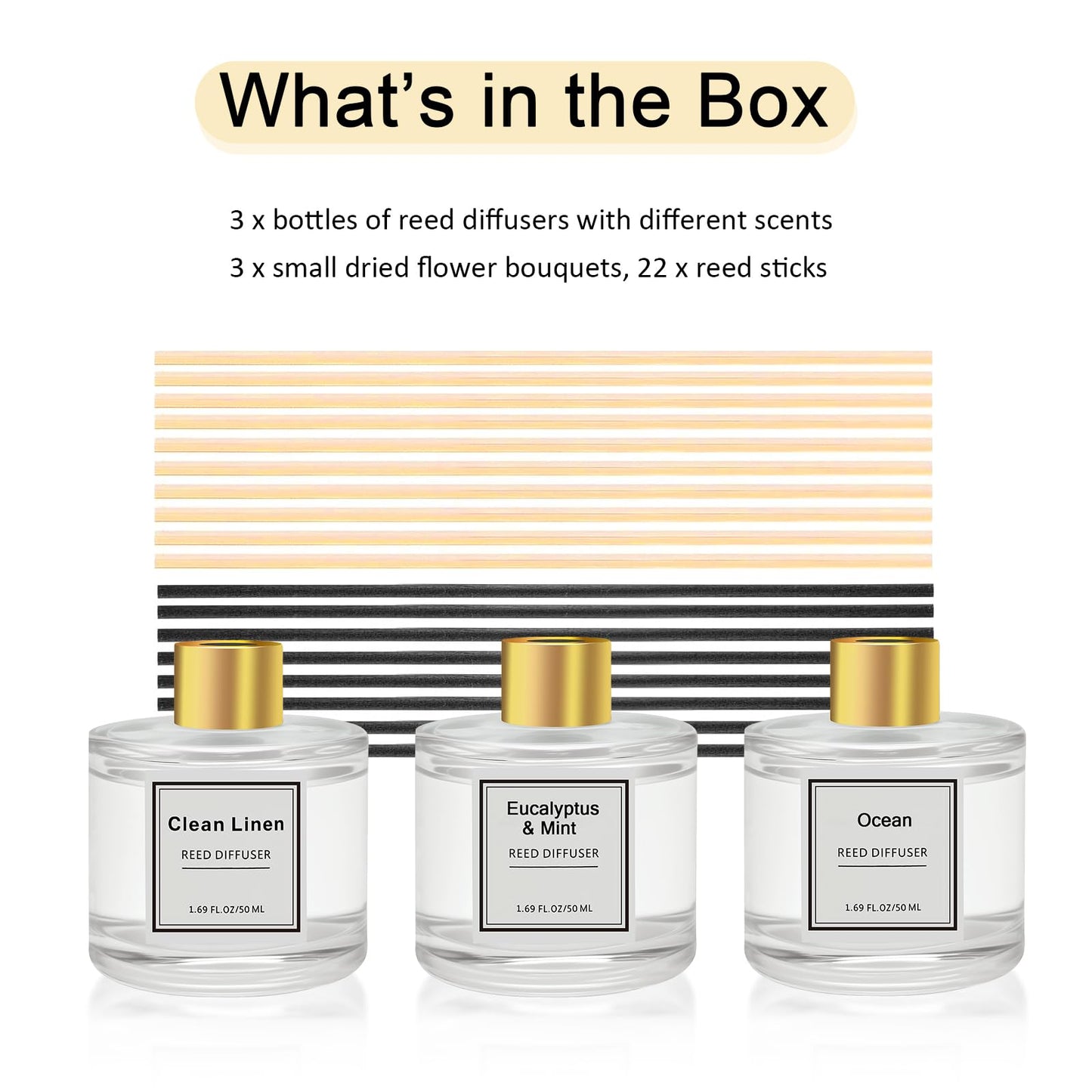 Pierides Reed Diffuser Set of 3 Pack,Clean Linen,Eucalyptus & Mint,Ocean Scented Oil Diffuser with 4 Sticks,Reed Diffusers for Home,Living Room,Bathroom Air Freshener Diffuser,50ml x 3