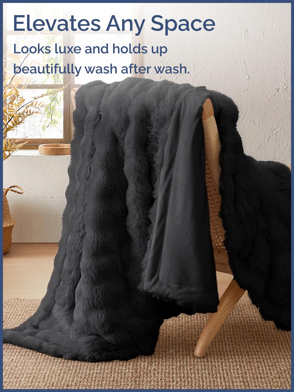 Black Throw Blanket - Fluffy Throw Bubble Blanket Queen Size - Extra Thick Rabbit Faux Fur for Couch, Sofa, Chair or Bed - All Season, Ultra-Soft, Plush, Fuzzy, Cozy for Men, Women & Teens - 90" x 90"