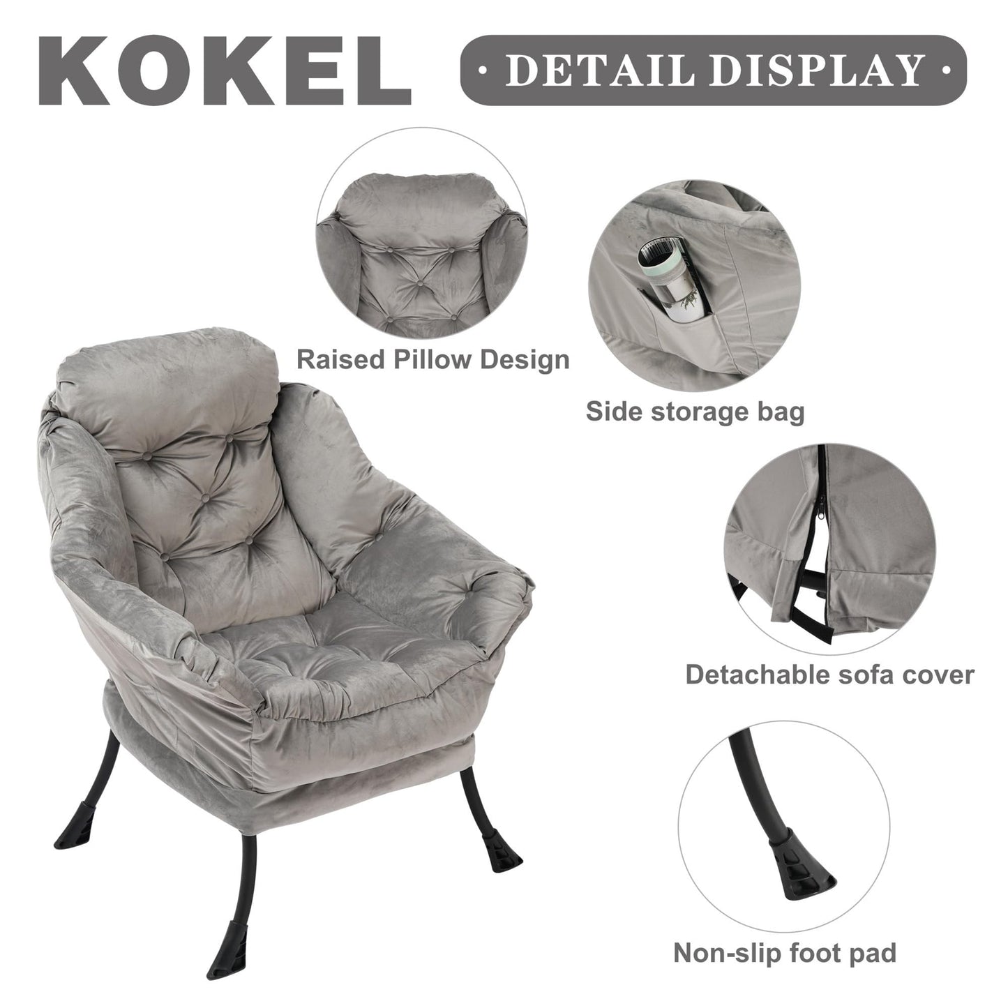 Kokel Lazy Chair with Folding Ottoman,Living Room Chairs, Accent Contemporary Lounge Chair, Single Steel Frame Leisure Sofa Chair with Armrests and A Side Pocket (Light Gray)