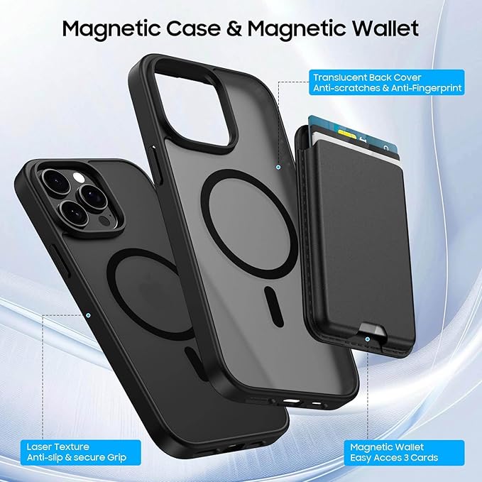 Ntwinro Magnetic for iPhone 15 Pro Max Case (Compatible with MagSafe) with Detachable Wallet & Card Holder for 3 Cards [RFID Blocking] Military Grade Protective Slim Phone Cover, Black
