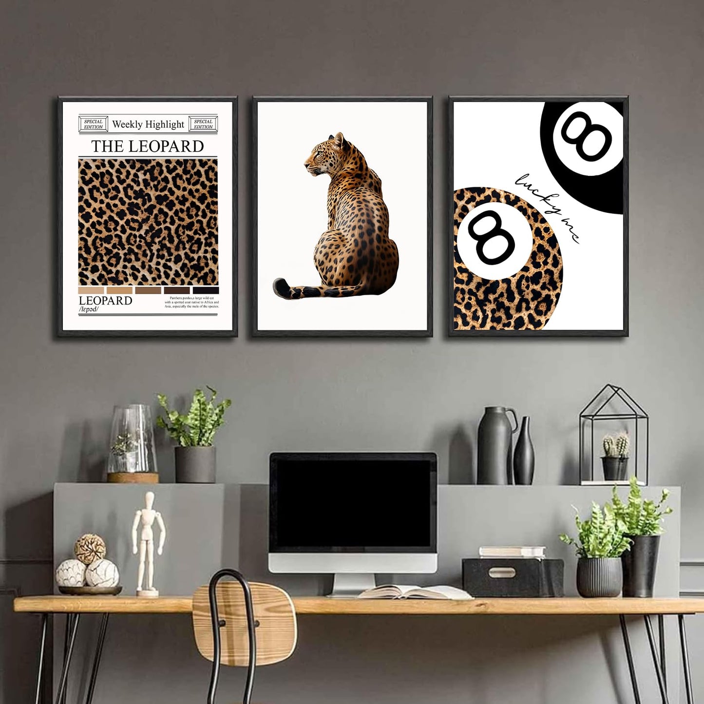 Trendy Leopard Wall Art Set of 3 Funky Lucky 8 Ball Posters Prints Preppy Room Aesthetic Cheetah Wall Decor Pictures for Girls Bedroom Apartment Dorm Unframed 16x24in