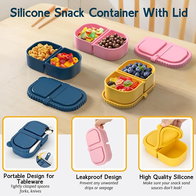 ICEROYCE 6 Pack Reusable Silicone Snack Containers with Lids, Mini Containers 2 Compartments, Portable Silicone Food Storage Box for Picnic, Lunch, Office (6)