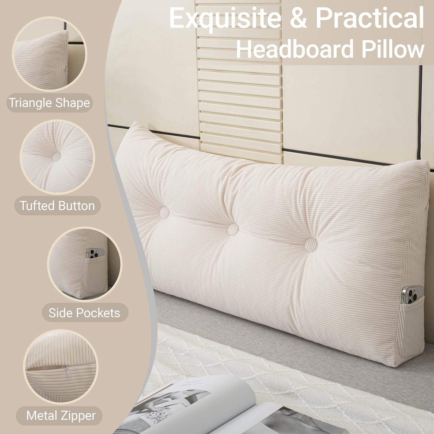 MQK Headboard Pillow Bed Wedge Pillow for Headboard with Side Pocket Dorm Headboard Twin xl Long Back Pillow for Bed Bolster Pillow for Mattress Gap Filler White Reading Pillow for Bedroom Sofa Daybed