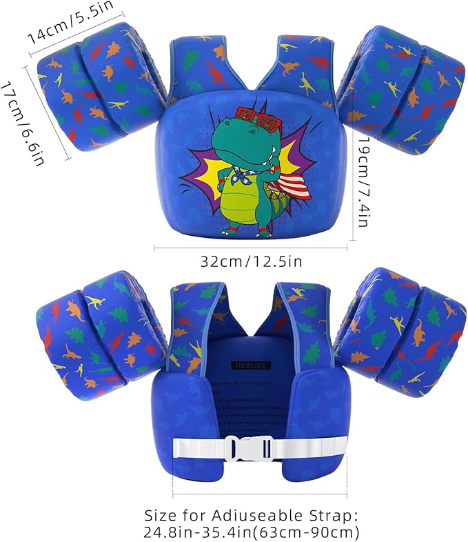 REALIKE Kids Swim Vest for Toddler Floaties Swimming Aids with Shoulder Harness Arm Wings for Children/Infant/Baby,Sea Beach/Pool/Lake, Suitable for 28-70lbs Boys/Girls