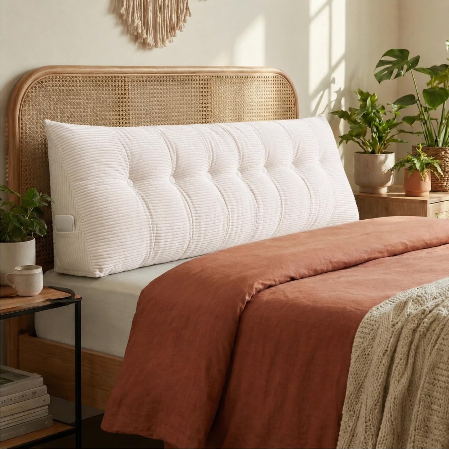 DVUAY Wedge Reading Pillow Headboard King Size, Headboard Bolster Pillow for Bed, Triangular Backrest Cushion with Removable Corduroy Cover, White