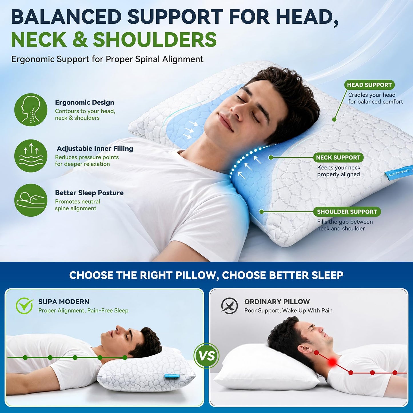 SUPA MODERN Cooling Pillow Queen Size Set of 2, CertiPUR-US Shredded Memory Foam Pillows for Sleeping, Cool Bed Pillows for Hot Sleepers, Adjustable Firm Pillow for Side,Back,Stomach Sleepers