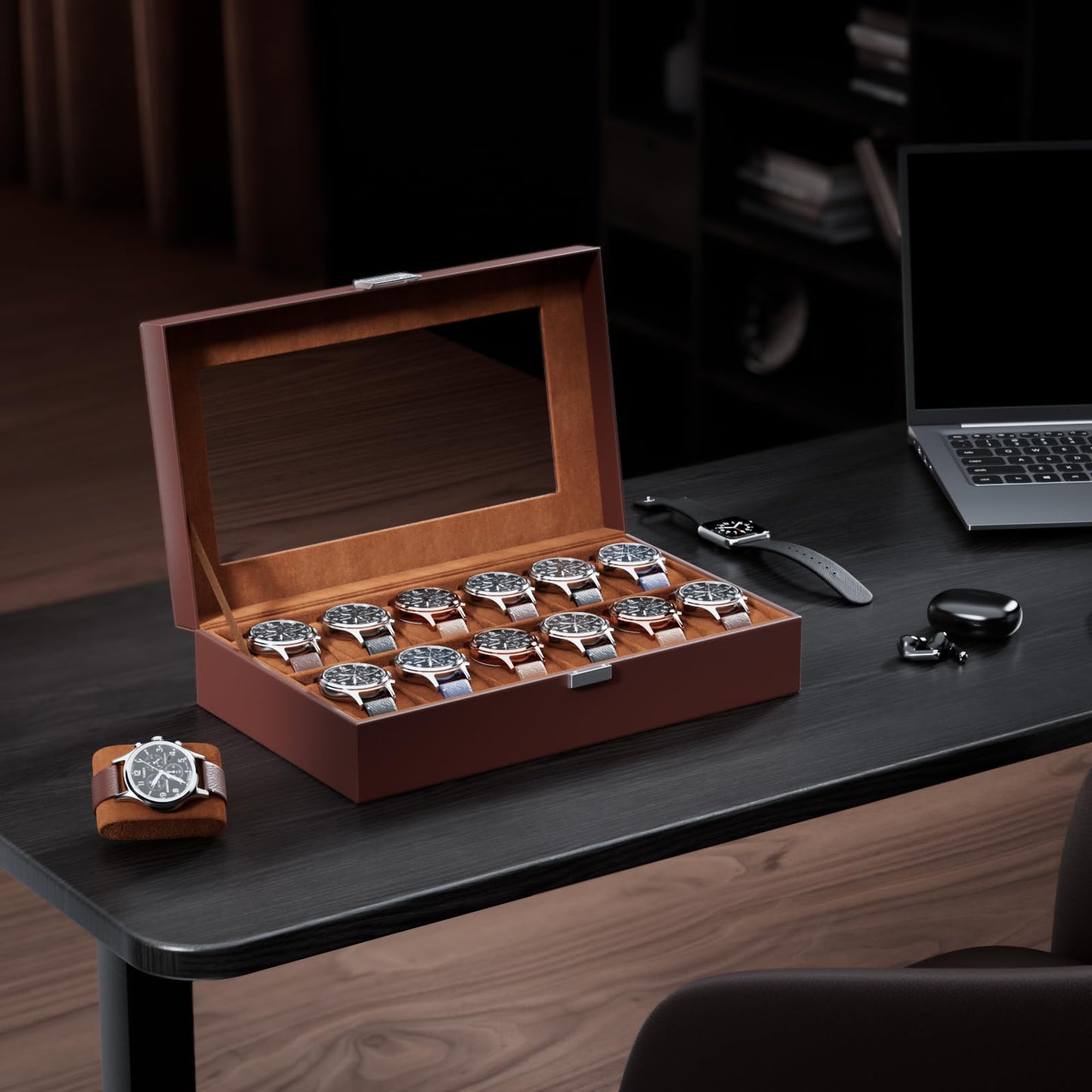 ProCase Watch Box Organizer, Fathers Day Gift for Dad, 12 Slot Watch Display Case With Glass Lid, Watch Storage Holder Mens Watch Case, Anniversary Birthday Gifts -12 Slot, Brown