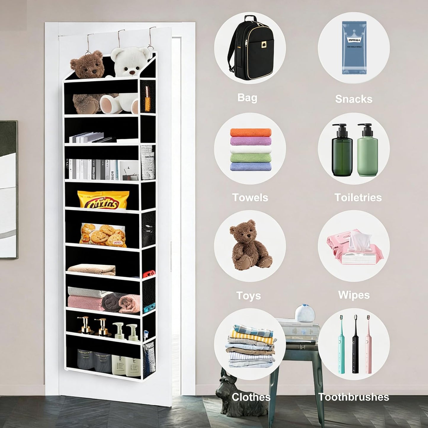 XiflLife Over The Door Organizer Closet,5 Bins 10 Side Pockets,Hanging Organizer,Anti Tilt 44 lbs Load Door Organizers and Storage with Clear Window for Bedroom,Nursery,Rv,Bathroom,Camper(Pure Black)