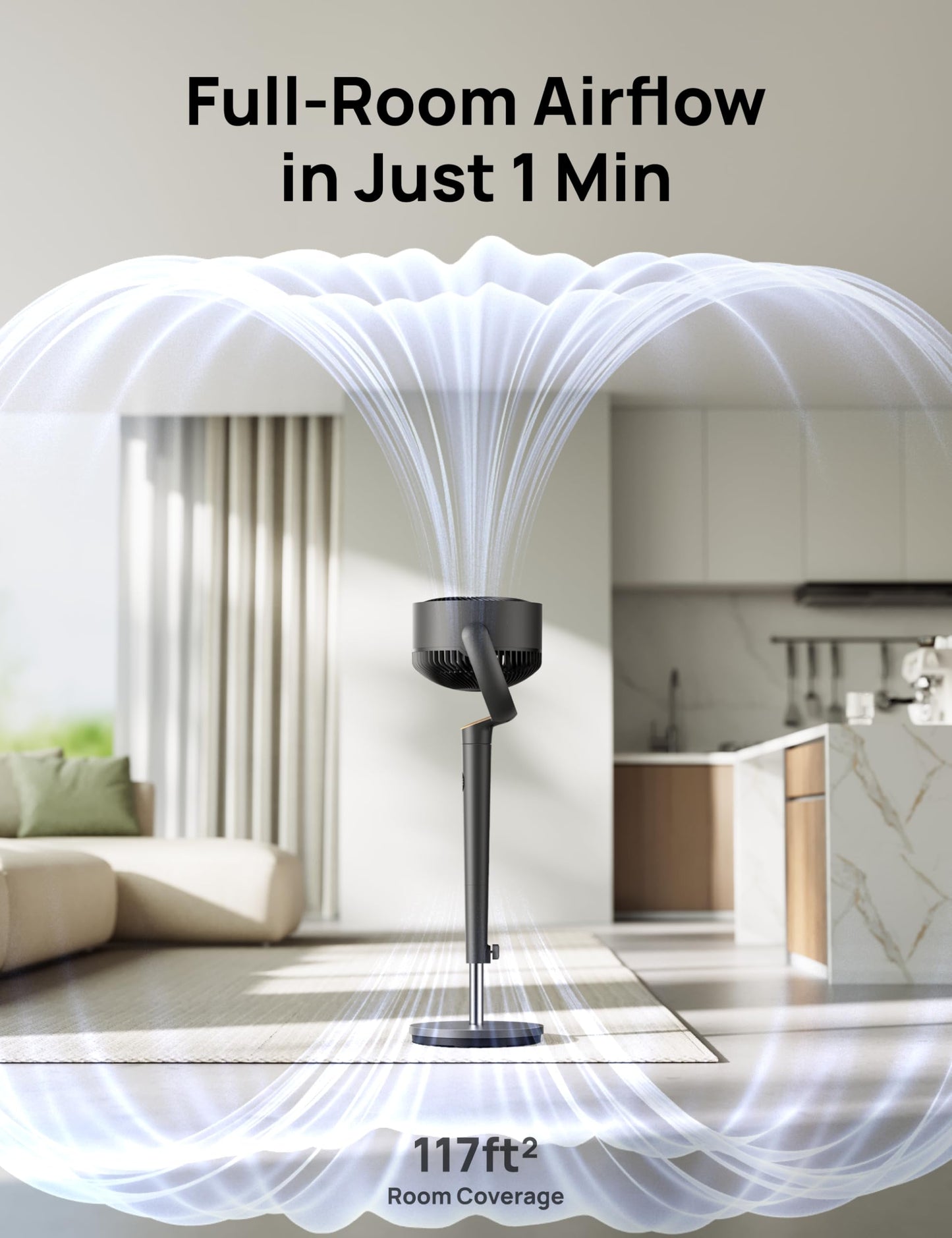 DREO Fan for Bedroom, 120° Oscillating Standing Fans, Quiet Floor Fan with DC Motor, 100ft Pedestal Fans for Room, 9 Speeds, 4 modes, 20dB, 120° Manual Vertical, 37-42" Adjustable Height, 8H Timer