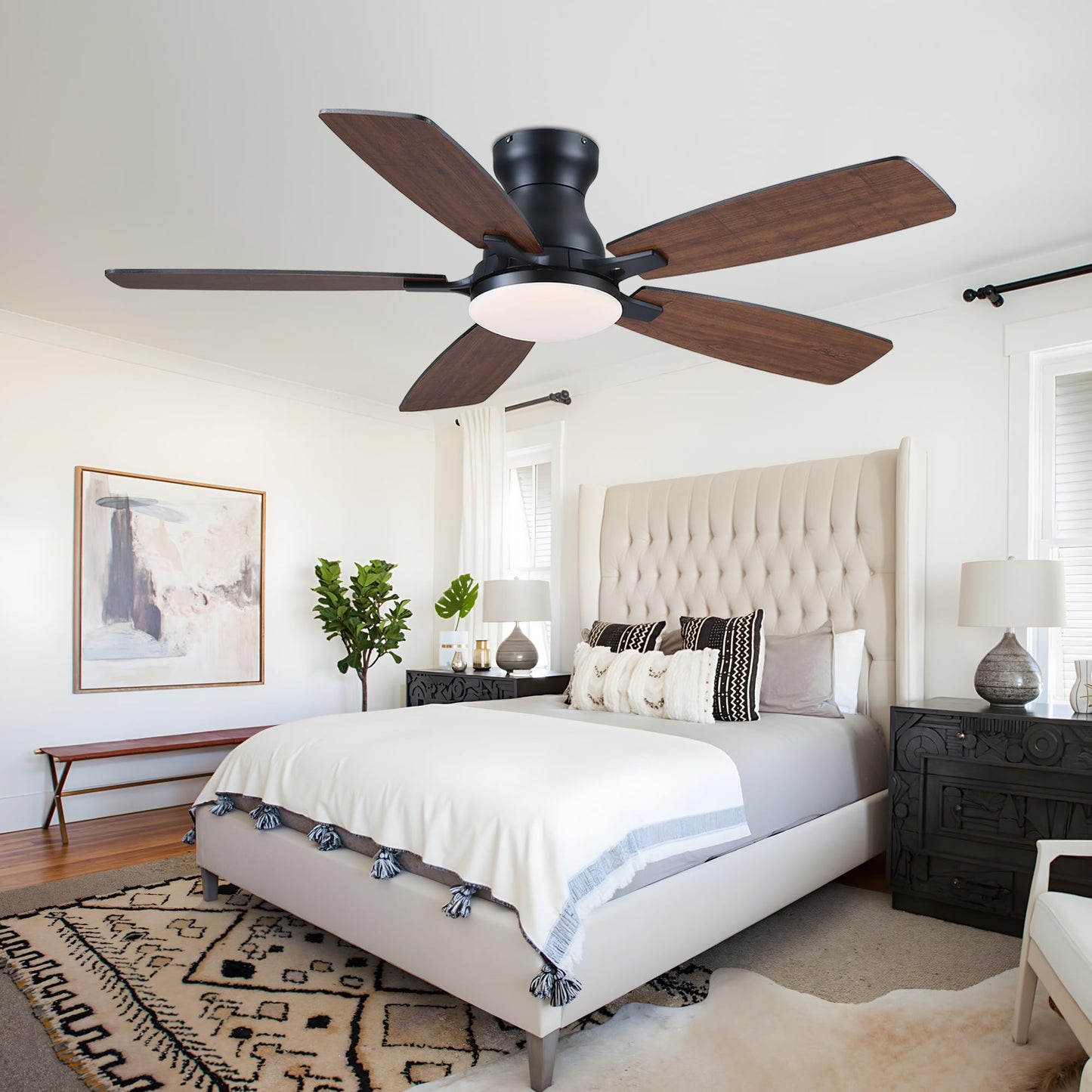 JSAITEE Ceiling Fan with Lights and Remote Control - 46In Flush Mount Ceiling Fan with 3CCT Dimmable, 6 Wind Speeds and Timing, Low Profile Fan for Modern Bedroom, Kitchen, Living Room