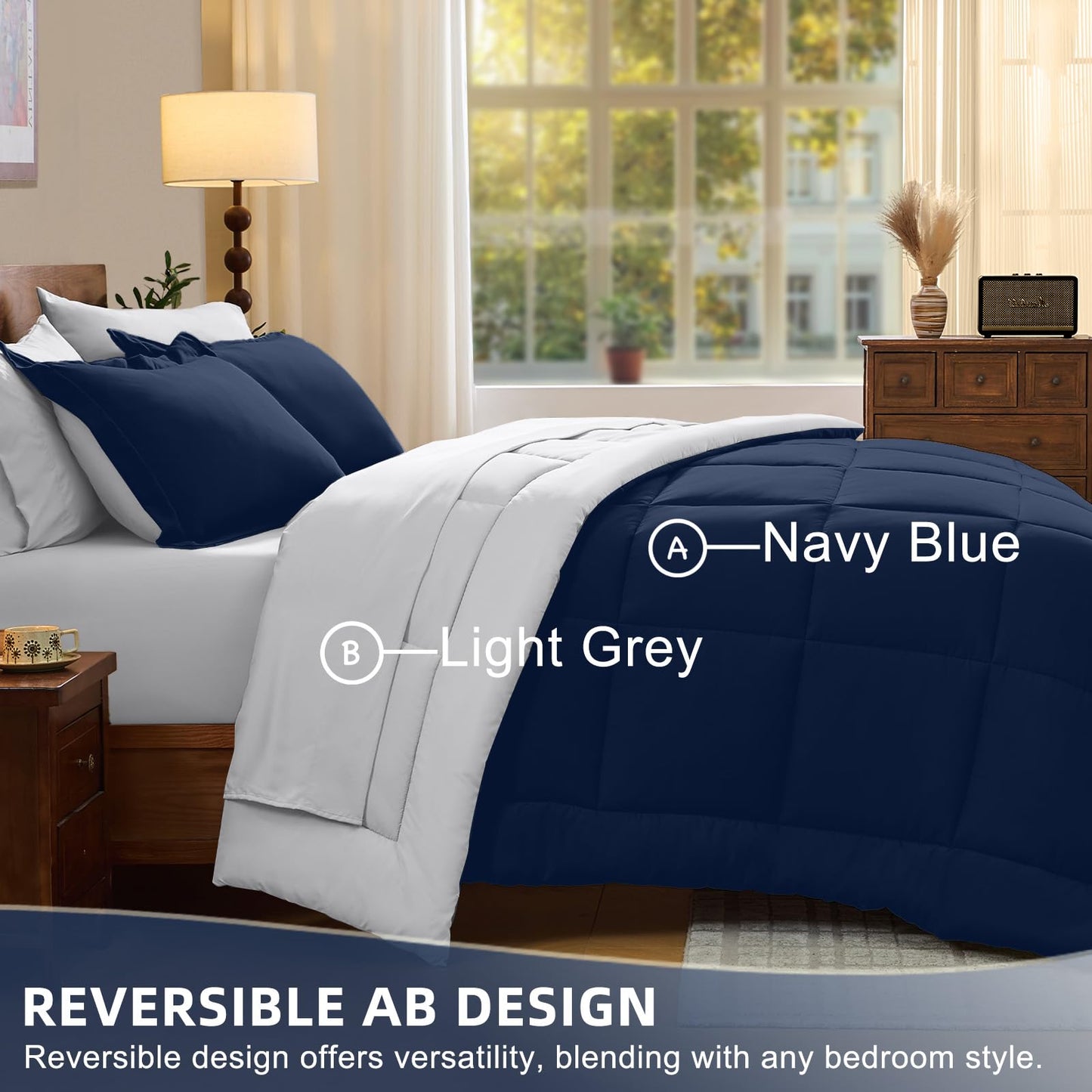 FUANNA Queen Comforter Set 7 Pieces, Reversible Bed in a Bag with All Season Soft Comforter, Bedding Sets Includes Comforter, Flat Sheet, Fitted Sheet, Pillowcases & Shams, Navy Blue & Light Grey