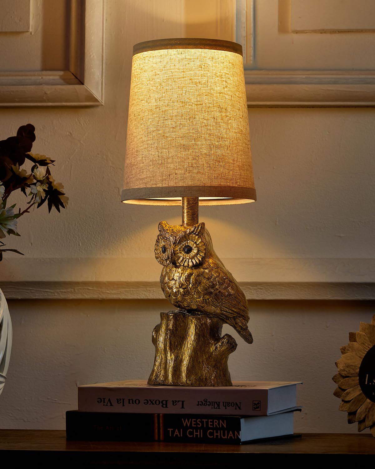 G-SAFAVA 14.25" Small Table Lamp for Living Room Farmhouse Bedside Resin Single Lamp with Gold Owl Lamp Shape for Bedroom Retro Rustic Nightstand Lamp