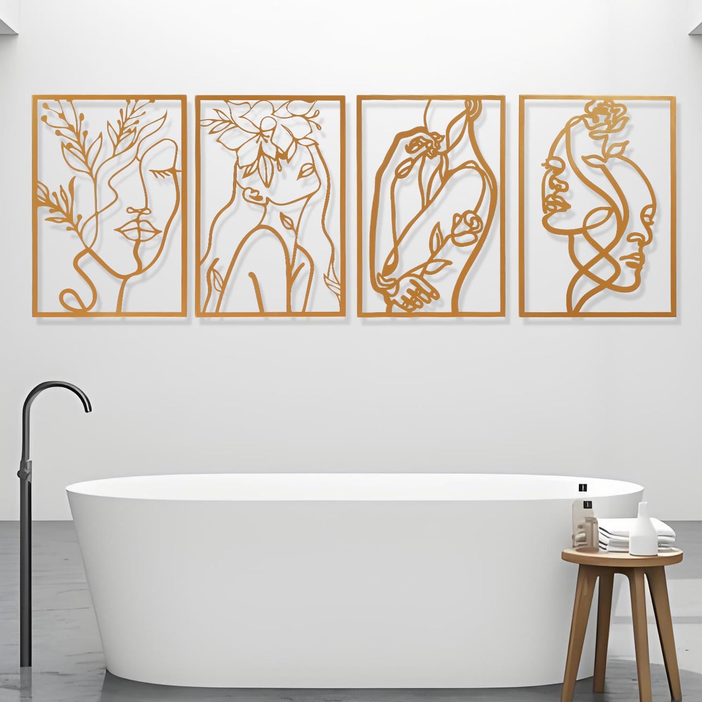 AMAATE Modern abstract wall decoration set, black metal hollow hanging paintings, 4 geometric designs for living room home decoration (Art Deco, Gold - Face Shape, 11" X 14.6" in)