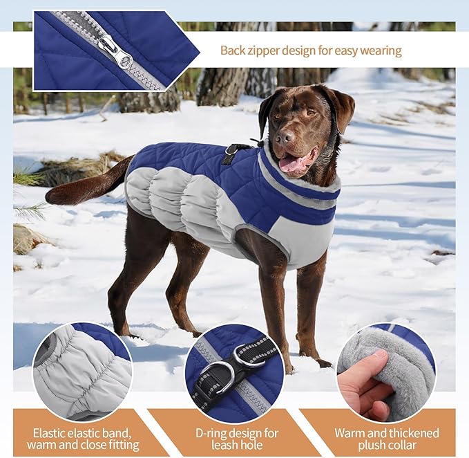 OUOBOB Dog Coats for Large Dogs,XL Dog Coat,Warm Fleece Winter Coat with D-Ring,Back Zipper Pet Jacket for Large Dogs,Waterproof Pet Snow Jacket Clothes Snowsuit Beagle Corgi Border Collie,Blue,XL