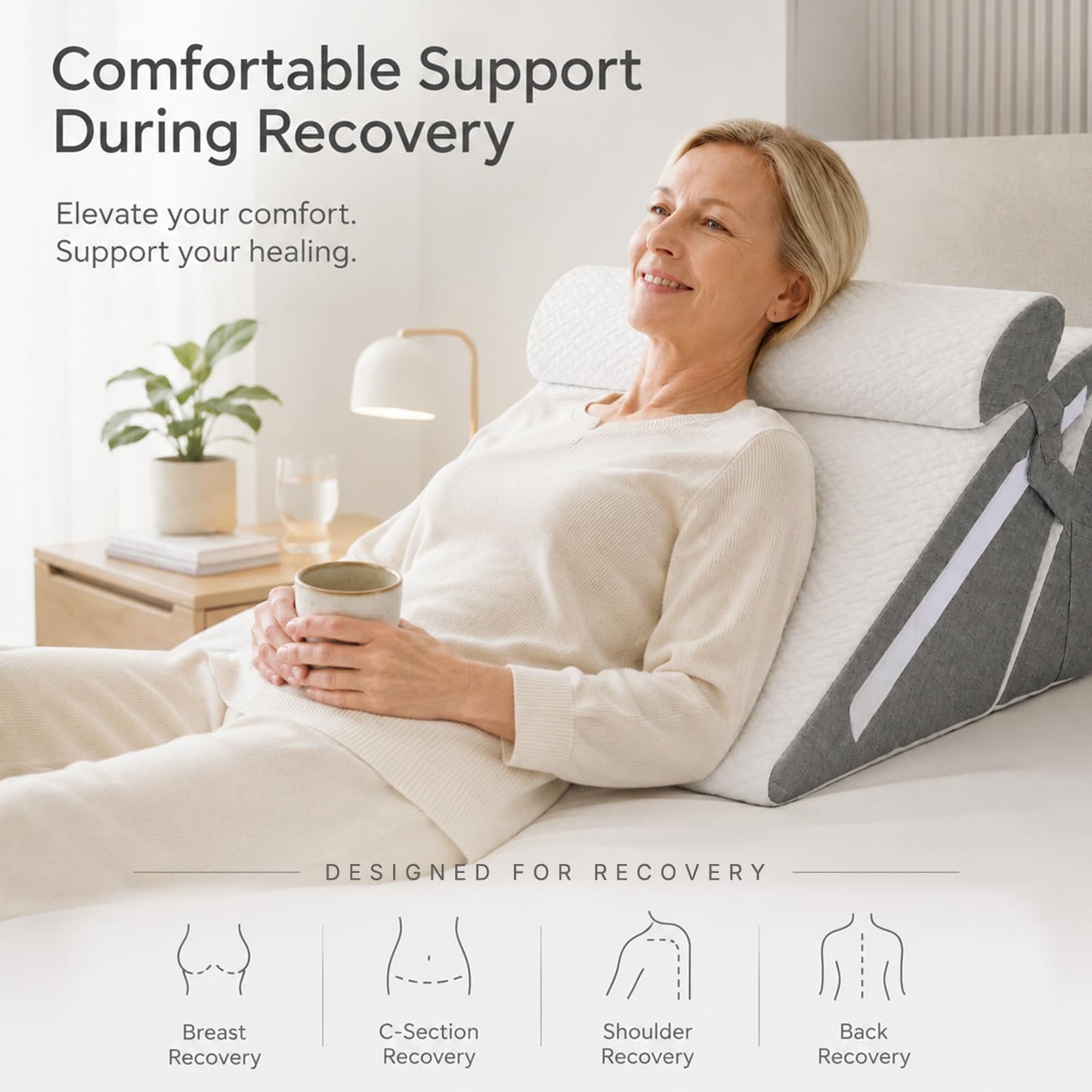Adjustable Wedge Pillow Set for After Surgery Recovery, 4PCS Bed Wedge with Leg Elevation Pillow, Cooling Gel Memory Foam Support for Acid Reflux, GERD, Back Pain & Leg Elevation, White/Dark Grey